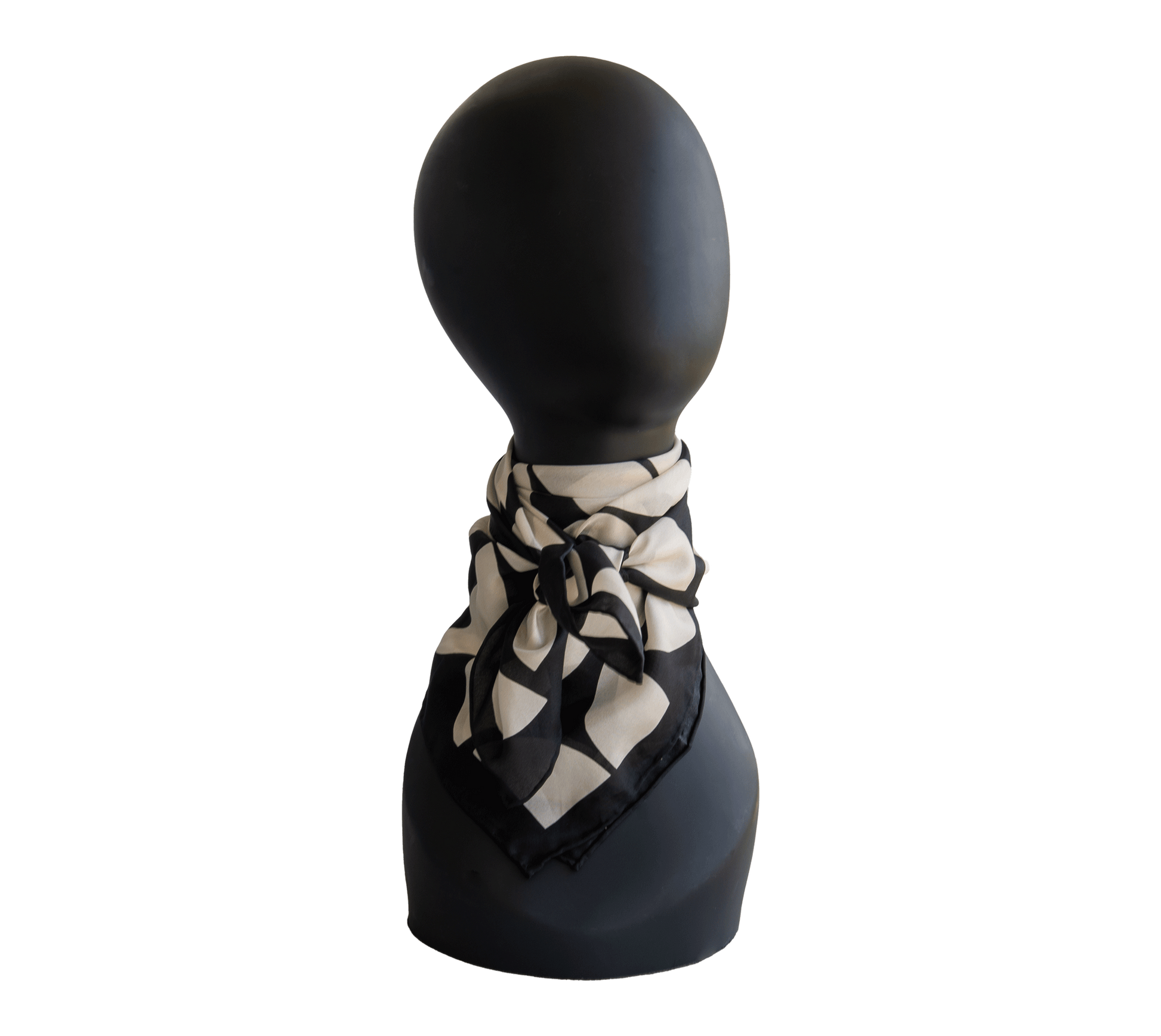 Black and beige cream silk scarf with a 70s inspired print and pattern printed