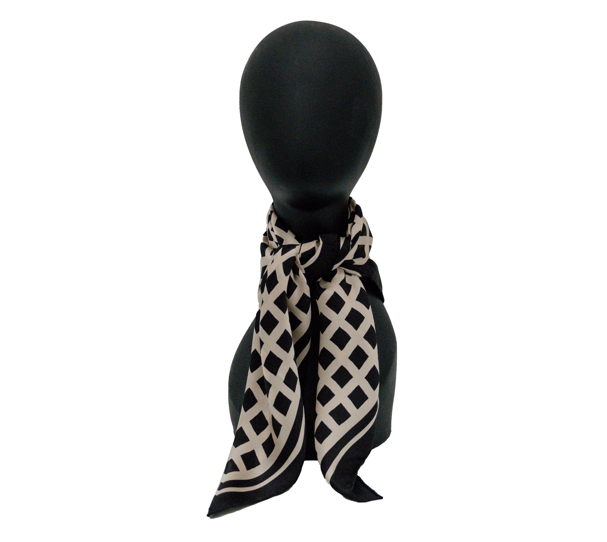 Black and beige cream neutral geometric grid bandana silk scarf in bold checkered pattern