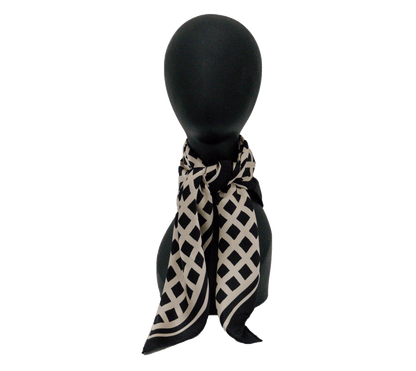 Black and beige cream neutral geometric grid bandana silk scarf in bold checkered pattern