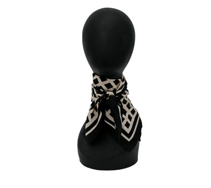 Black and beige cream neutral geometric grid bandana silk scarf in bold checkered pattern