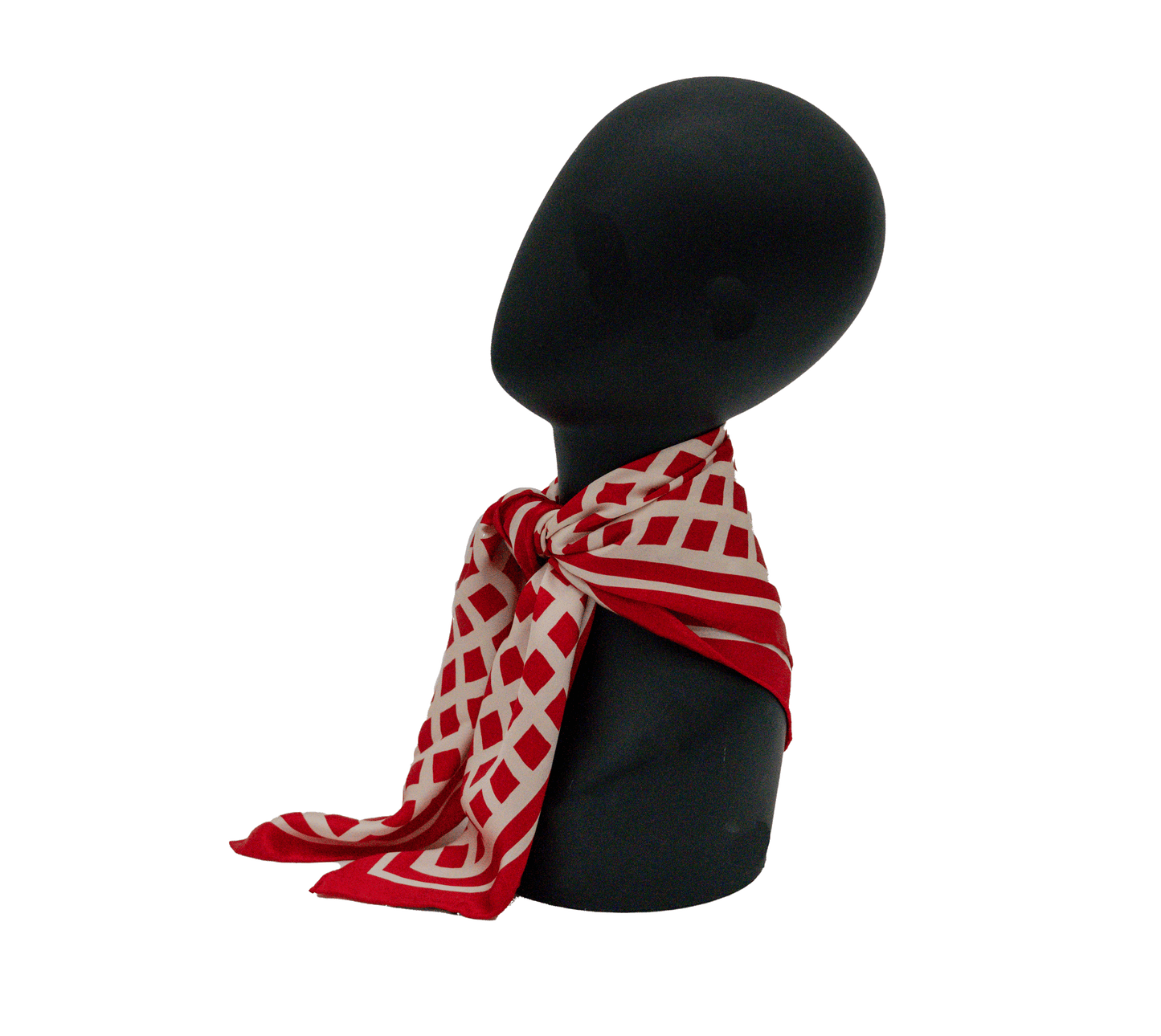 Red and beige cream neutral geometric grid bandana silk scarf in bold checkered Christmas colors