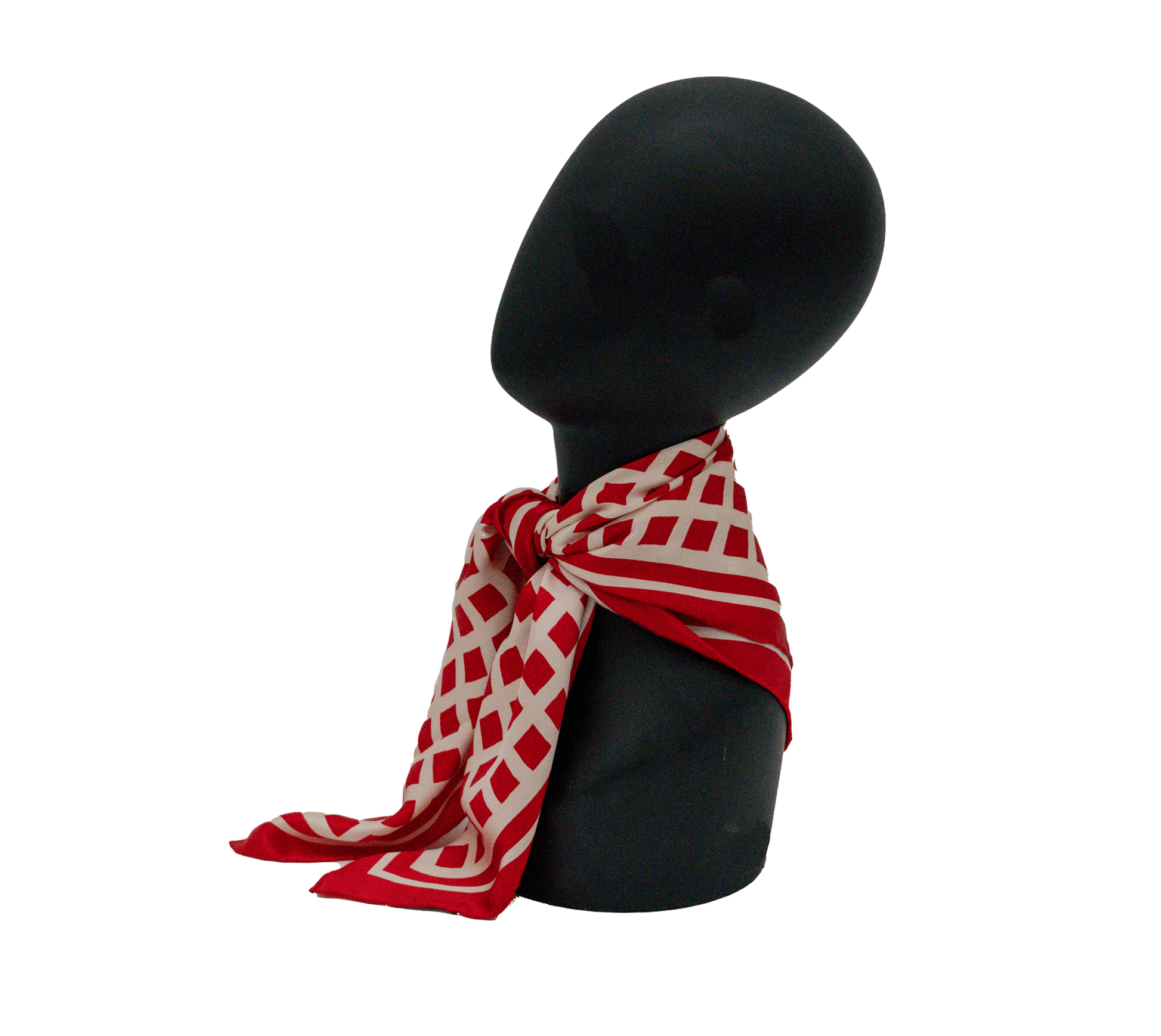 Red and beige cream neutral geometric grid bandana silk scarf in bold checkered Christmas colors