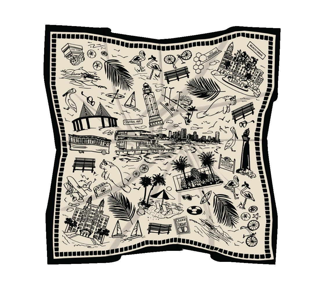 Decorative silk scarf with black and cream coastal beach scene of St.Petersburg Florida