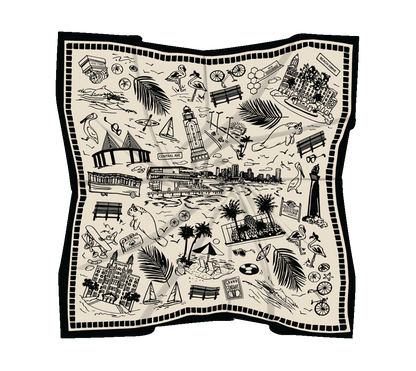 Decorative silk scarf with black and cream coastal beach scene of St.Petersburg Florida